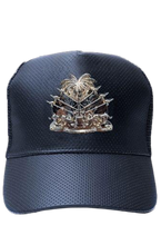Load image into Gallery viewer, Haiti snapback hat with silver coat of arms shield

