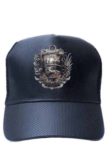Baseball hat with gun metal black Venezuelan coat of arms shield