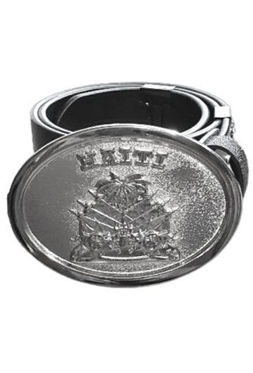 Haitian Coat of Arms Silver Buckle with Black 100% Leather Belt