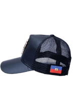 Load image into Gallery viewer, Haiti snapback hat with silver coat of arms shield
